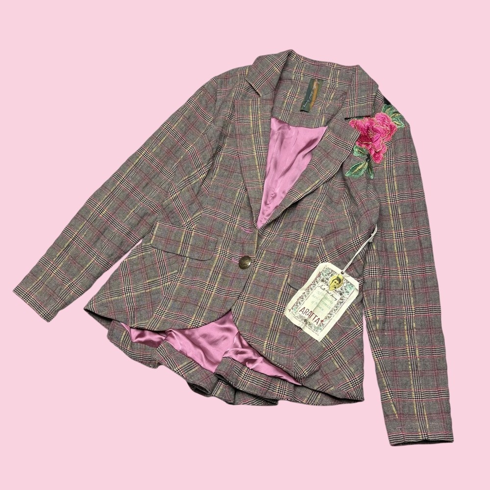 Aratta Silent Journey Floral Embroidered Plaid Blazer Grey Red Velvet Patches